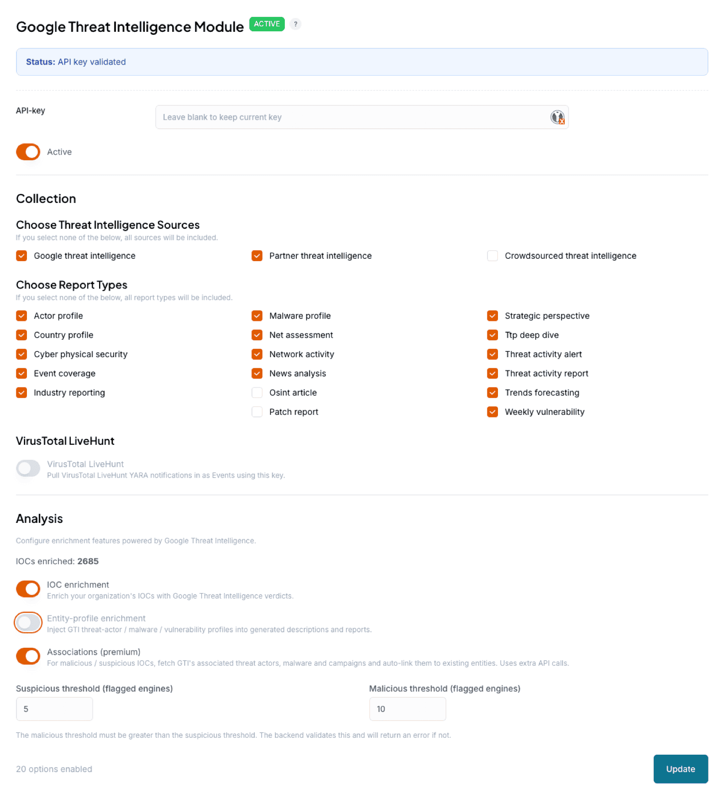 Liberty91 Google Threat Intelligence module screen with the API key field, report-type checkboxes, and source-type selection