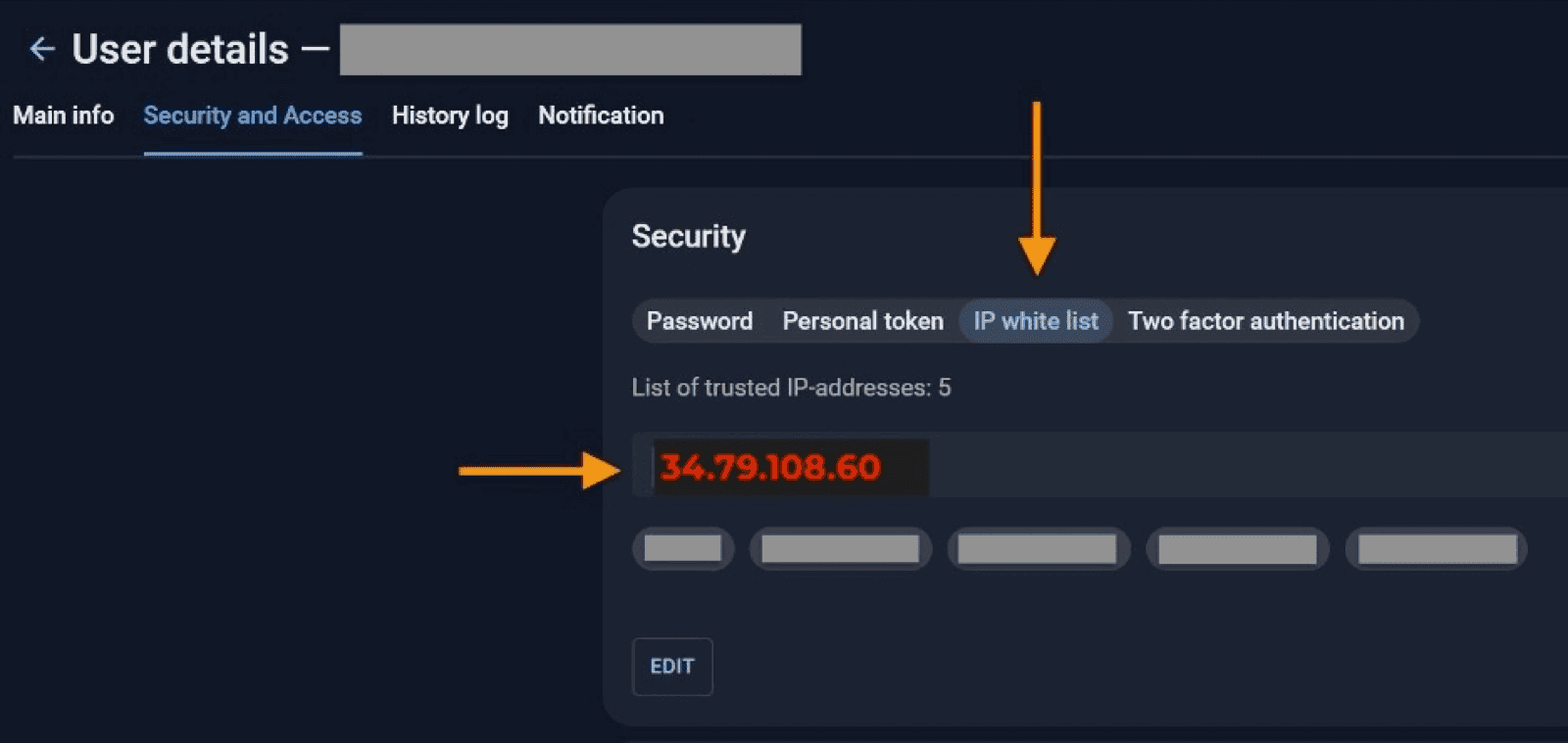 Group-IB portal Security and Access tab showing the IP white list with 34.79.108.60 added as a trusted address