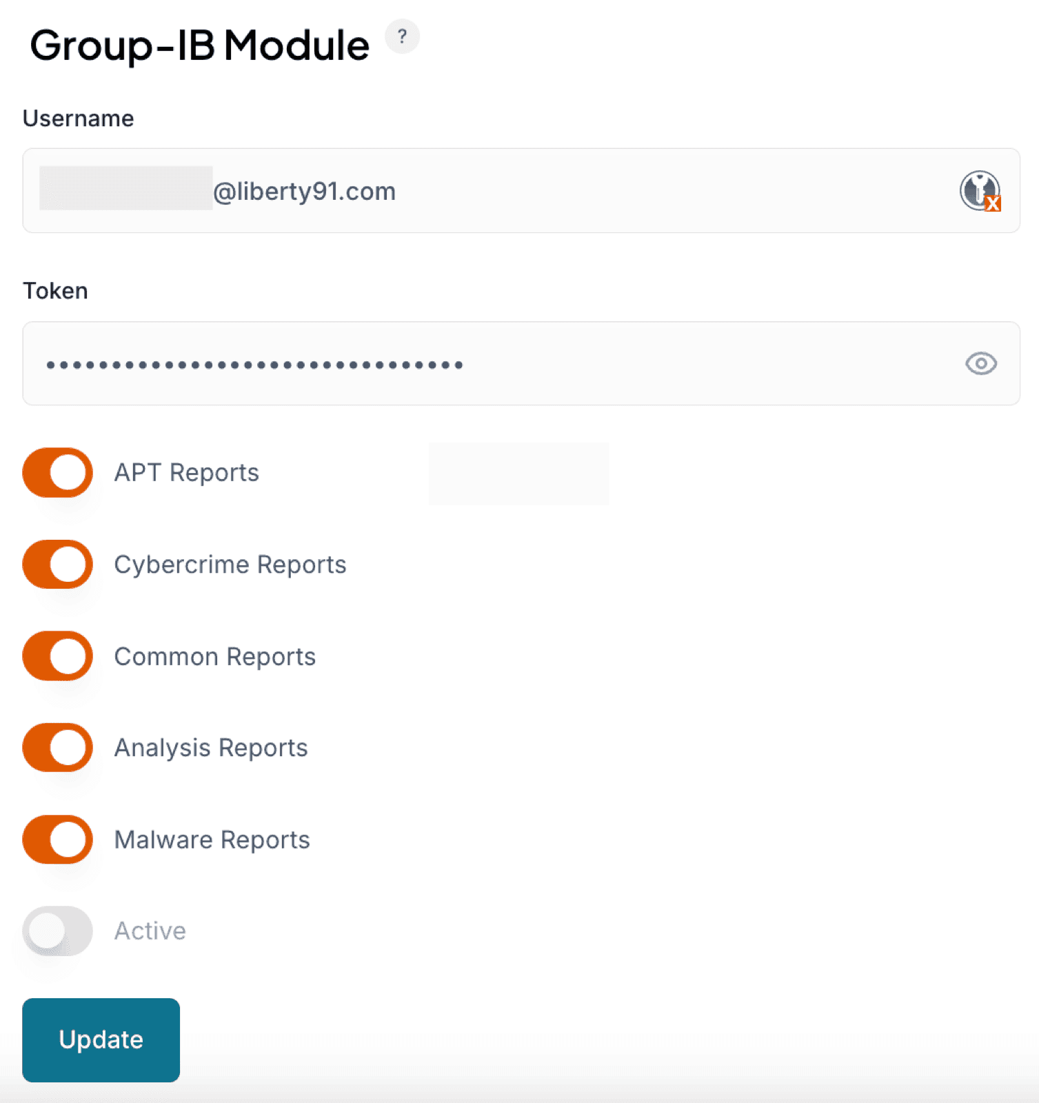 Liberty91 Group-IB module configuration screen with username, token, report-type selection, and the Active toggle