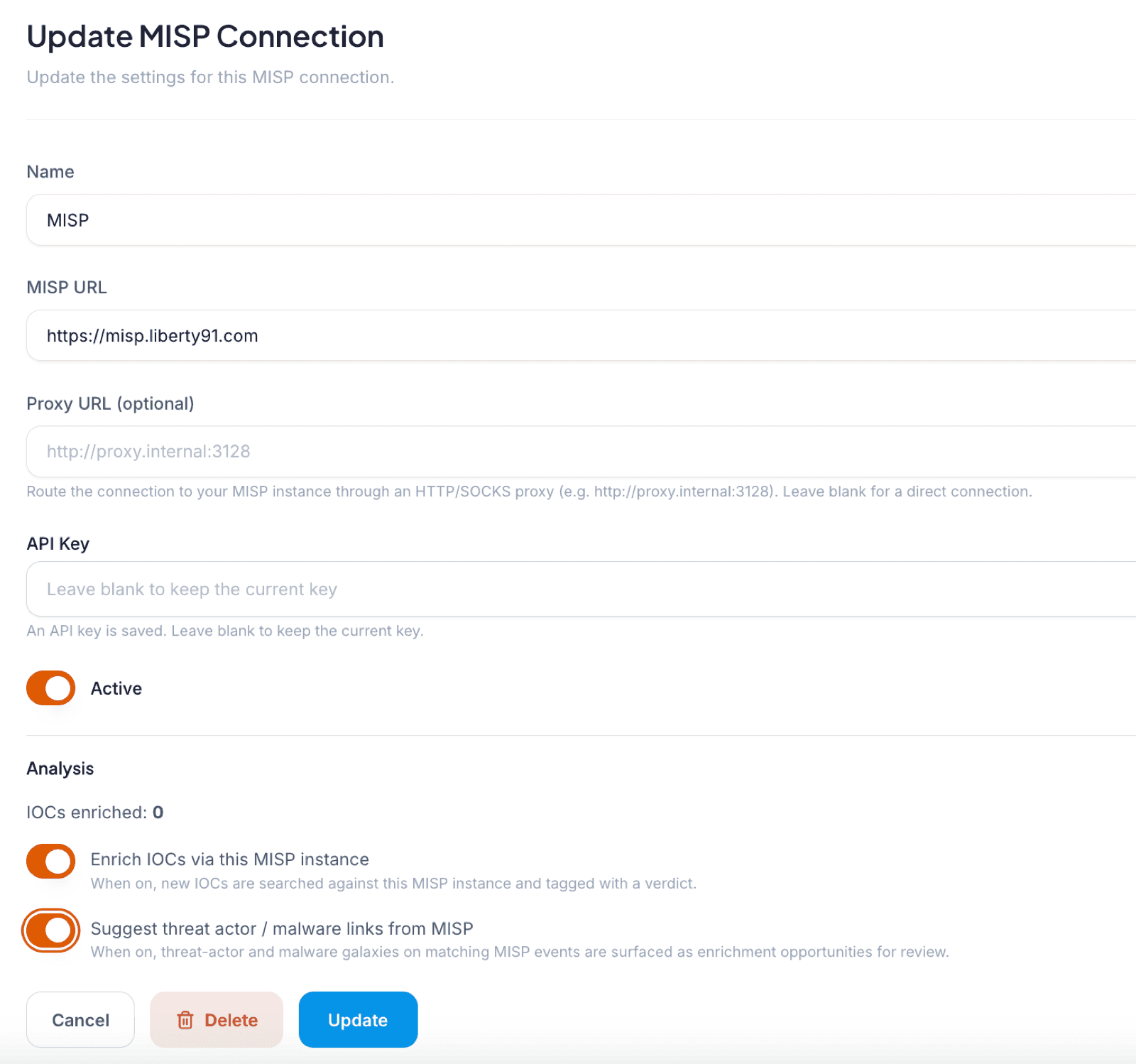 Liberty91 MISP connection setup page with fields for name, MISP URL, optional proxy URL, and API key
