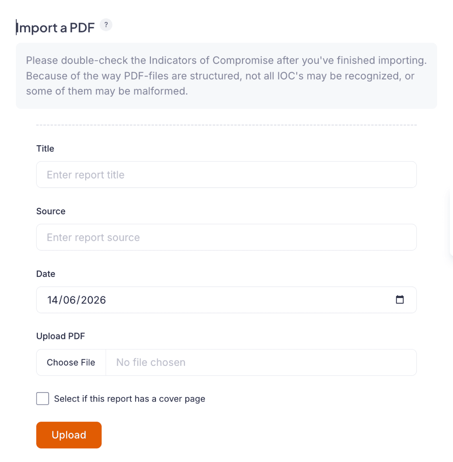 Liberty91 PDF Import module screen with the title field, source field, cover-page checkbox, and file upload control
