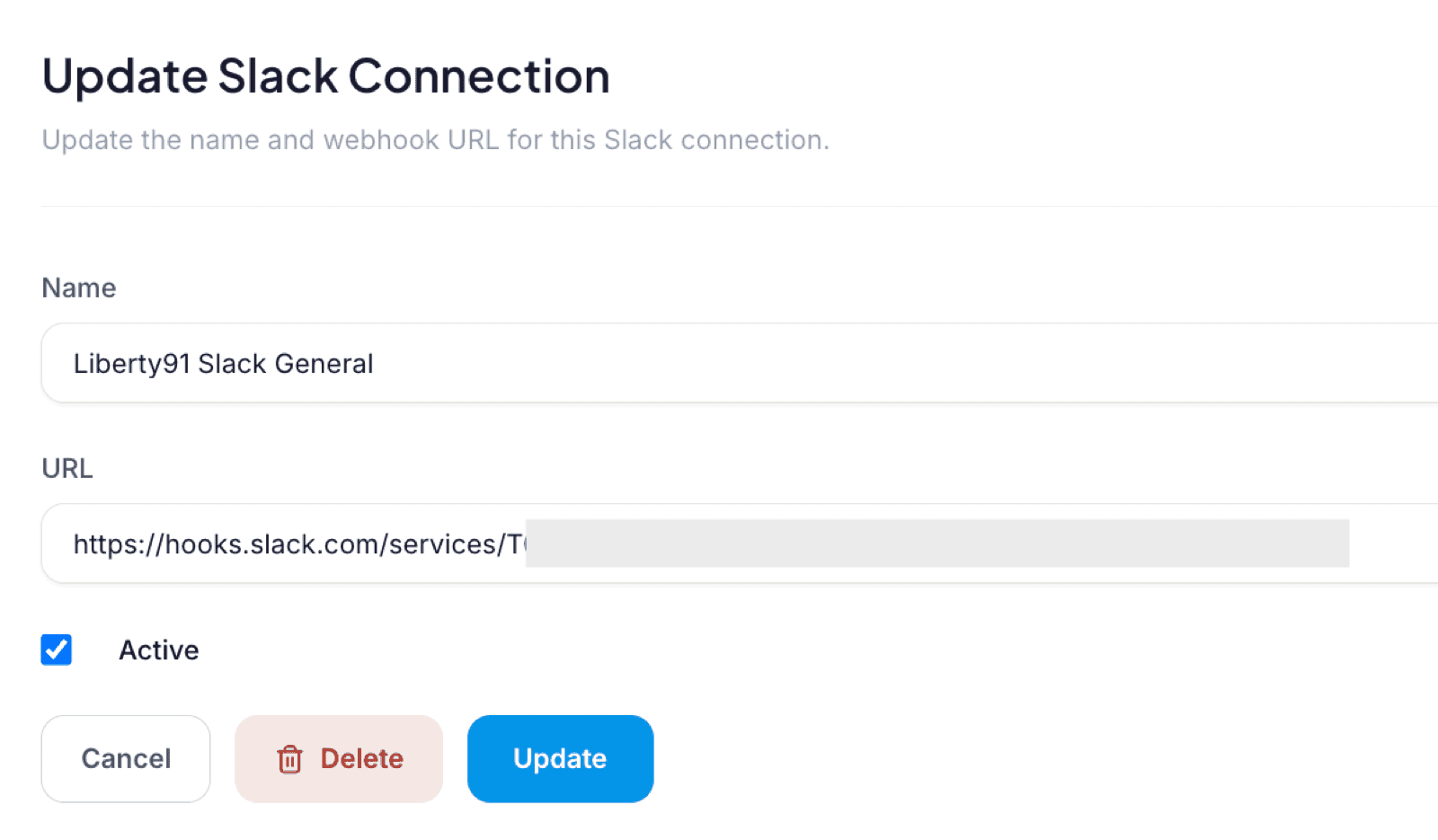 The Liberty91 Slack module: the Update Slack Connection screen with the connection name and the incoming webhook URL