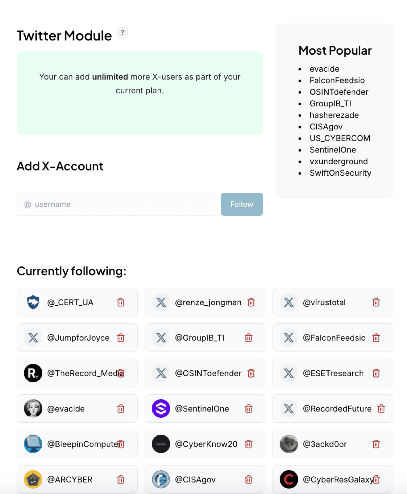 Liberty91 X (Twitter) module screen showing the followed-accounts list with red bin icons and the Add X Account field
