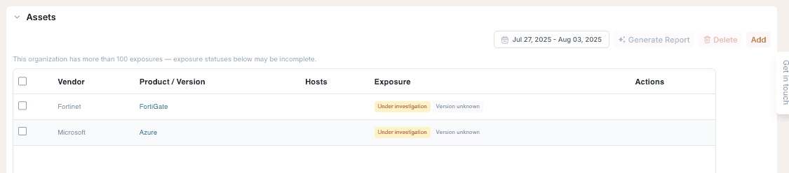 The Assets section on a Liberty91 Organization, with a date-range picker and Generate Report action in the header, and each asset row carrying its exposure status
