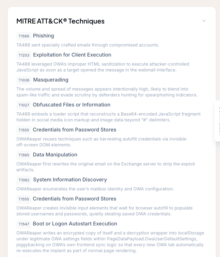 The MITRE ATT&CK techniques panel on a Liberty91 Event, listing nine techniques from Phishing onwards, each with a sentence on how the actor used it in this report