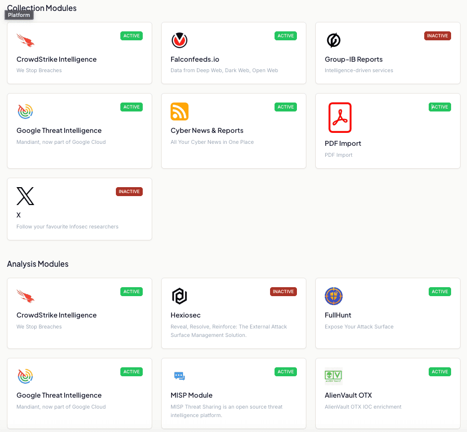 Liberty91 Modules overview with the Collection grid including CrowdStrike, FalconFeeds, Group-IB, and X above the Analysis modules for enrichment