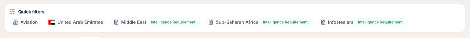 The quick-filters bar on a Liberty91 Organization dashboard, with chips for the Aviation sector, the United Arab Emirates with its flag, and three assigned Intelligence Requirements