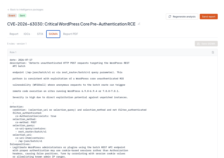 The SIGMA tab of a Liberty91 intelligence package for a WordPress pre-authentication RCE, with five generated detection rules including full detection logic and false-positive guidance