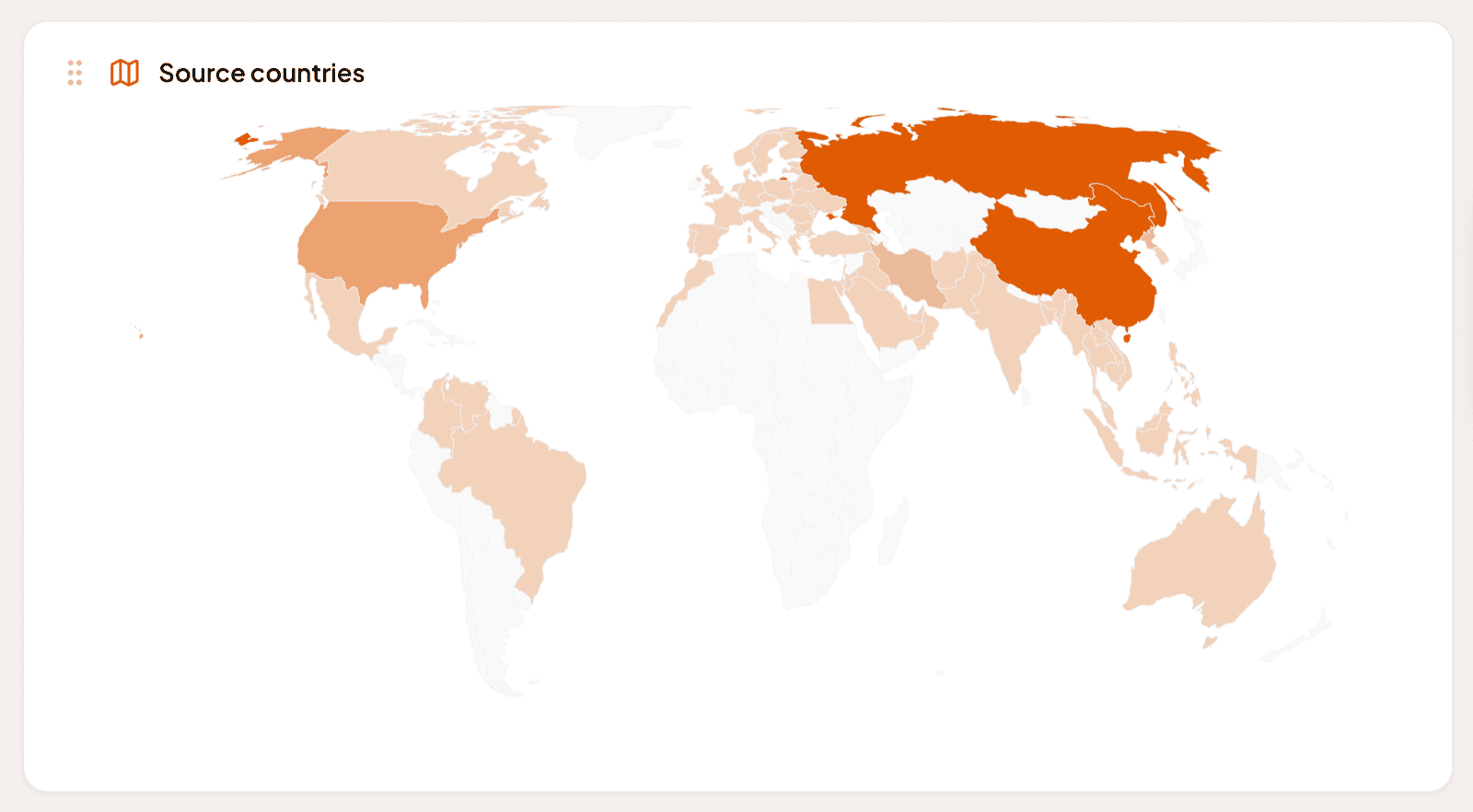 The Liberty91 source-countries panel, a world map with activity shaded by country, the darkest bands over the countries the period's reporting attributes most activity to