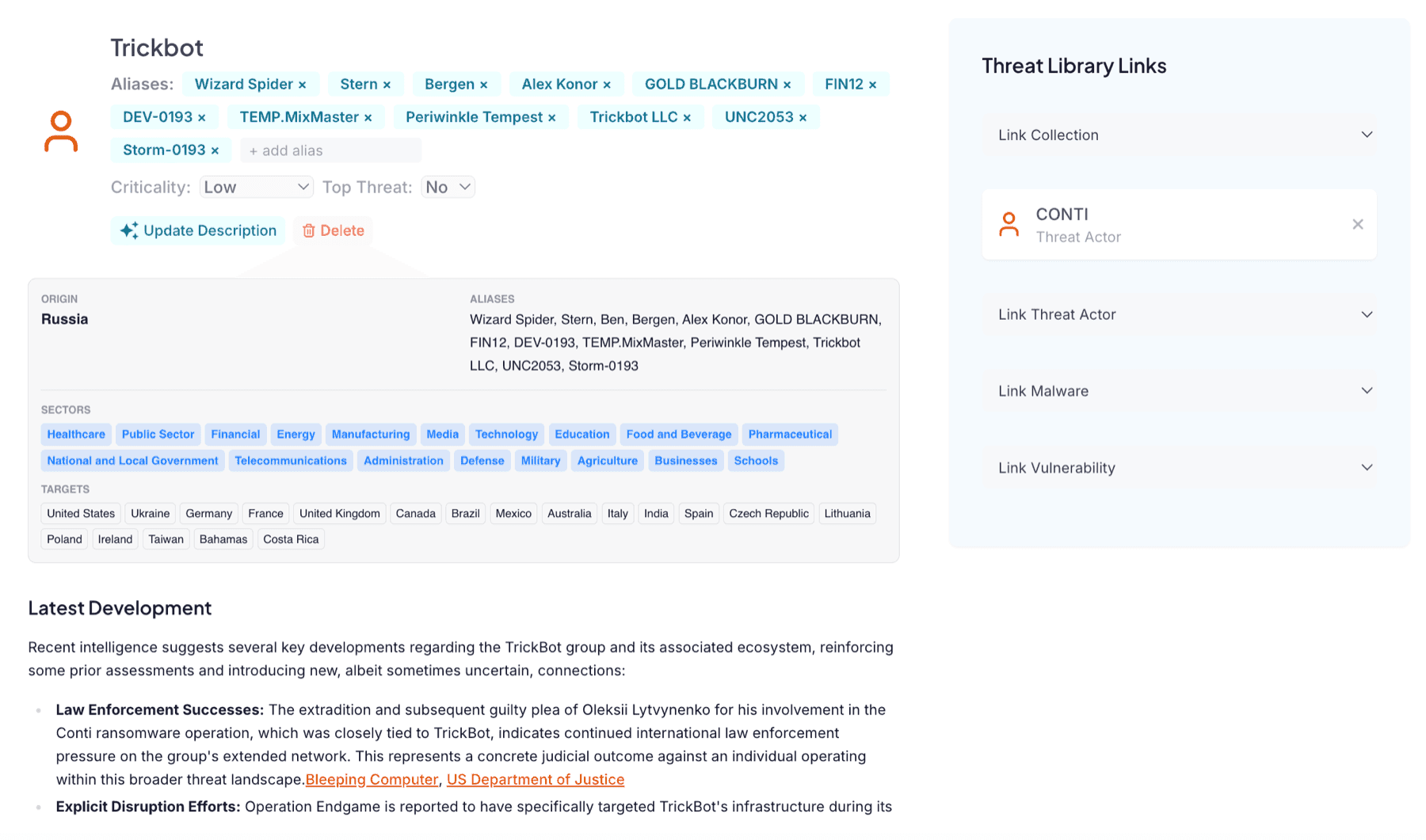 Liberty91 instant threat analysis showing aliases, sectors, targets, latest developments, and linked threat-library entities, tailored to your profile