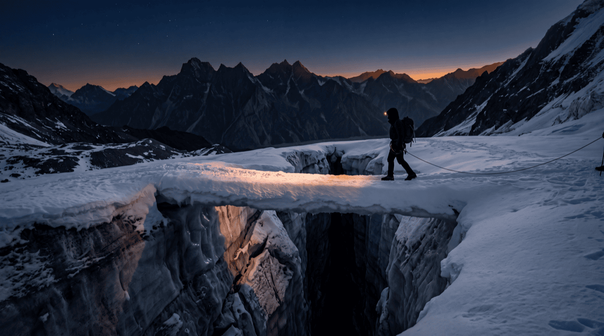 A roped climber crossing a smooth snow bridge over a deep hidden crevasse at dusk, representing a confident-looking surface with hidden danger underneath