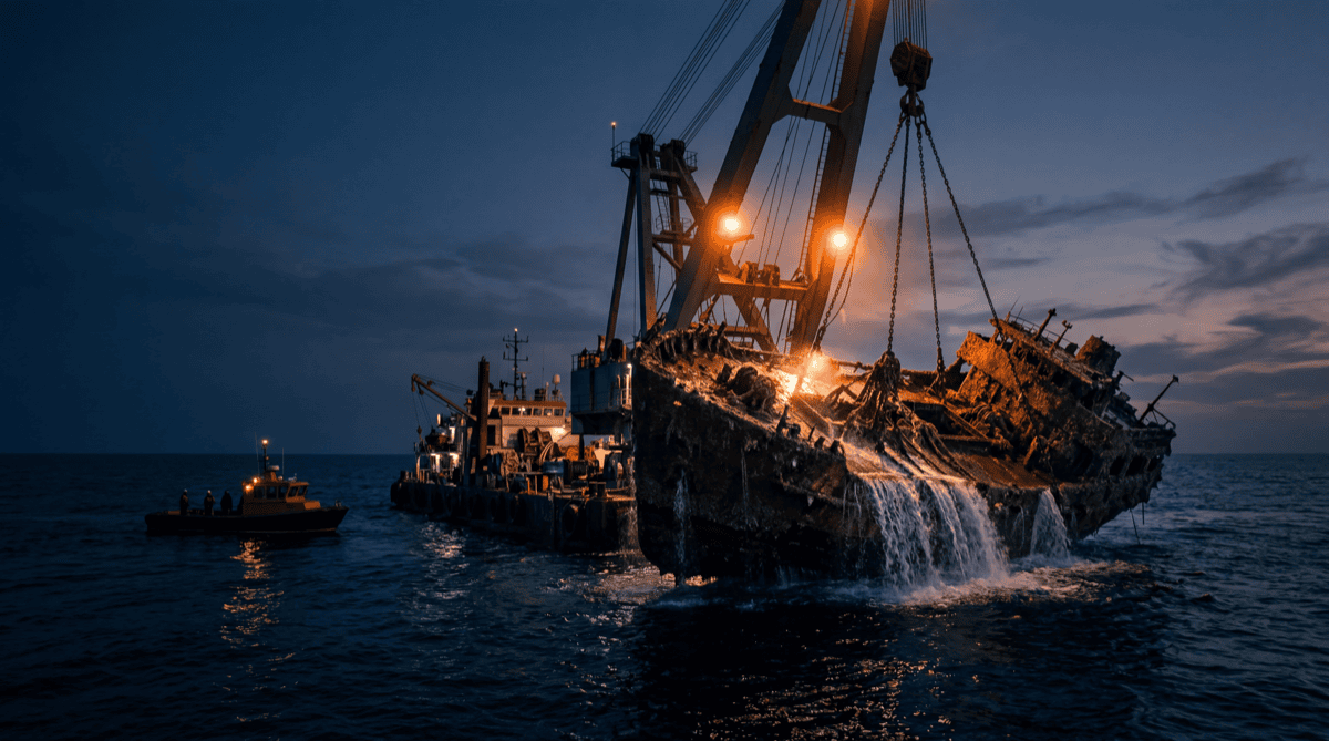 A marine salvage crane on a barge lifting a barnacle-crusted shipwreck hull out of the sea at dusk under orange worklights, representing recovering hidden structure from an opaque binary
