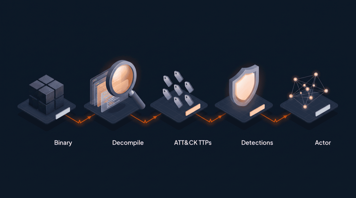 A five-stage pipeline on deep navy, left to right: Binary, Decompile, ATT&CK TTPs, Detections, Actor, linked by an orange flow line through illustrated isometric stations