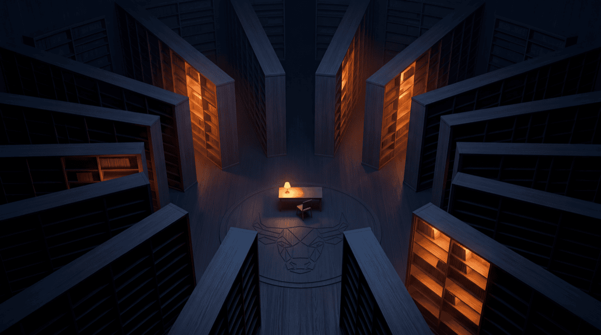 A single desk at the centre of a vast circular library at night, with tall shelf bays radiating outward and several bays glowing amber, representing one analyst drawing on standing knowledge maintained across many topics