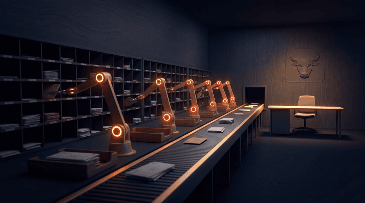 A row of small robotic sorting arms working through trays of documents, everything flowing towards a single human desk waiting at the end, in navy tones with warm orange accent lighting