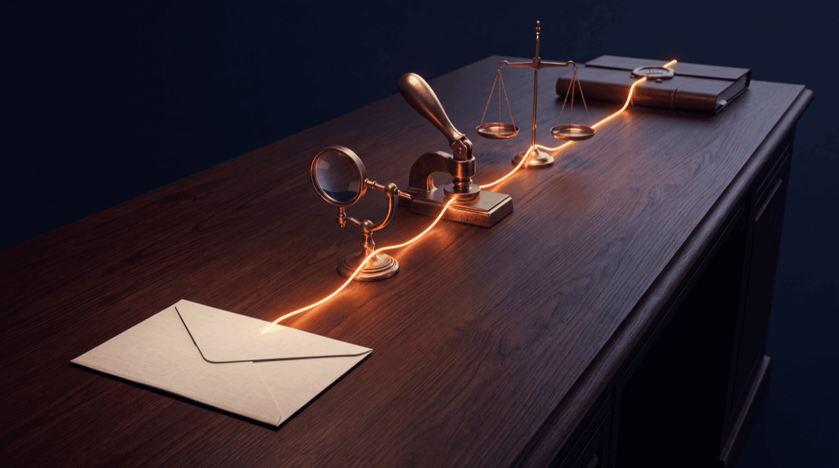 A single envelope on a dark desk with a glowing orange thread running through a magnifying lens, a stamp press, and a balance scale, ending at a bound dossier, representing one indicator travelling through enrichment, source rating, and assessment
