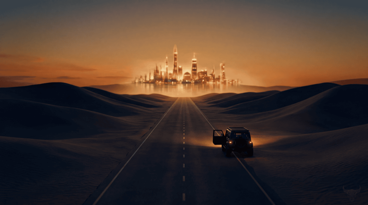 A desert highway at golden hour with a shimmering mirage of a glowing oasis city on the horizon and a single car stopped at the roadside, representing a confident answer that looks real and is not
