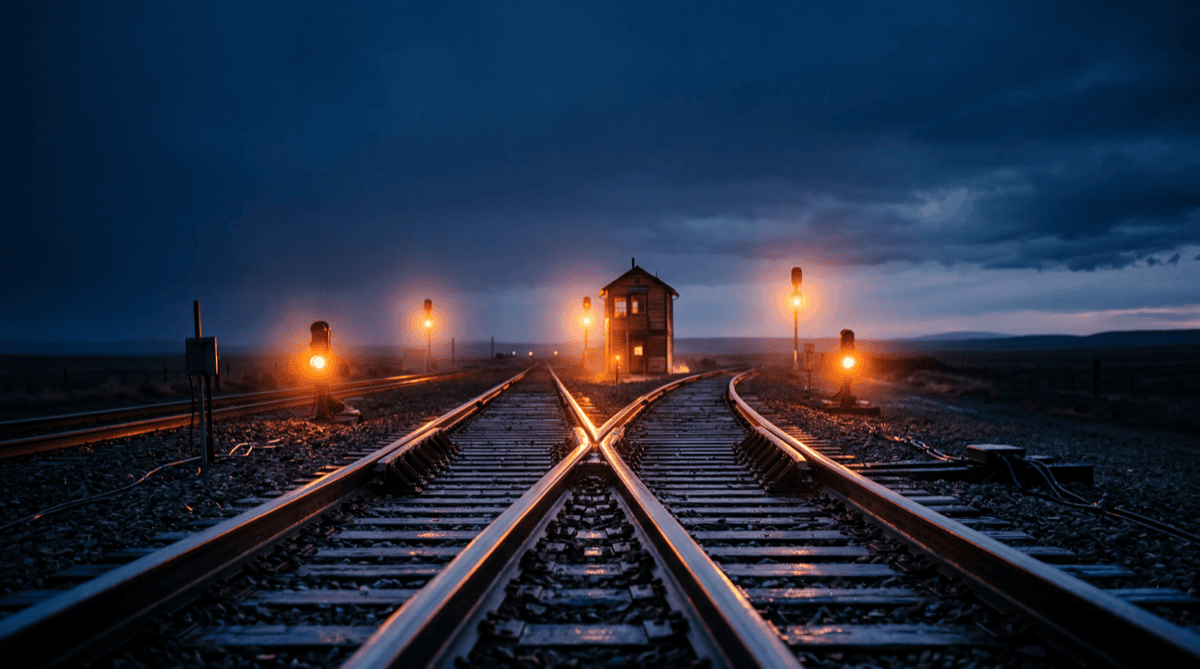 Two railway lines converging into a single track at dusk under a deep navy sky, with orange signal lights along both approaches and a small illuminated signal box where the lines meet